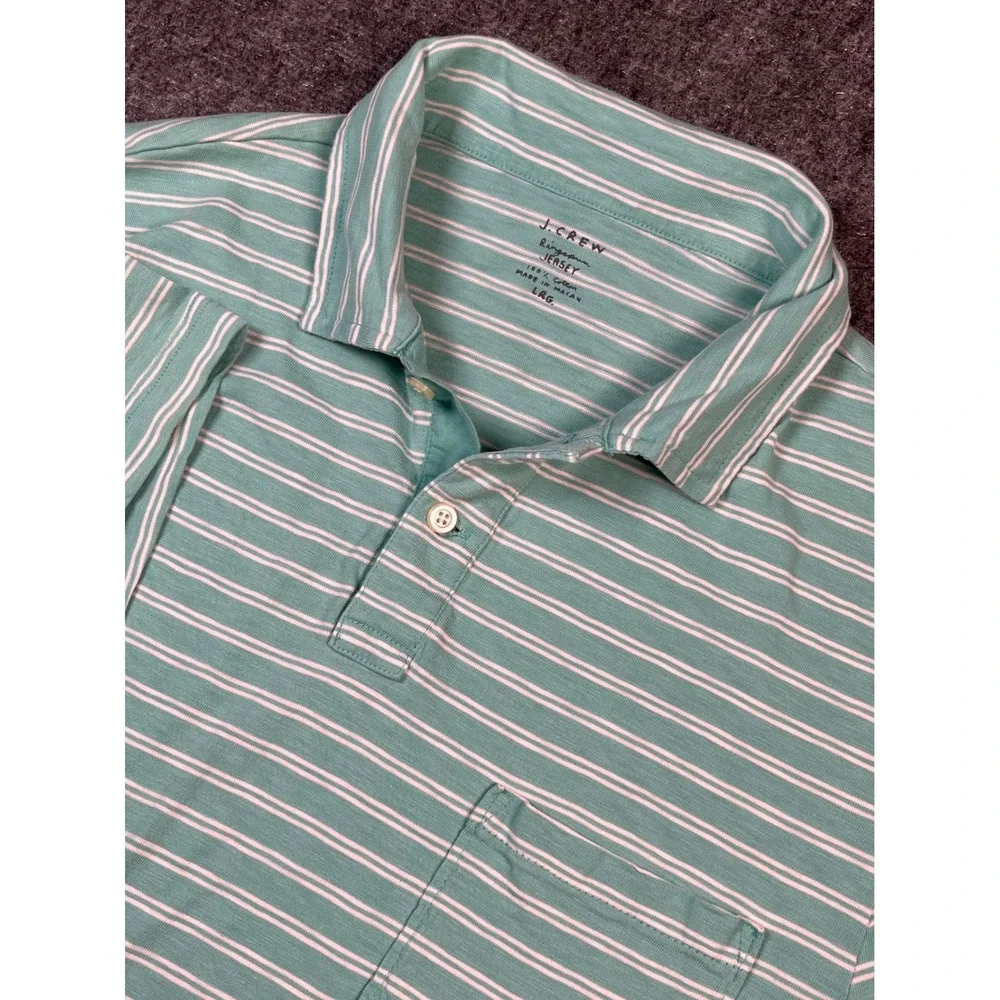 J. Crew Mens Large Polo Shirt Green White Striped Short Sleeve Ring‎ Spun Jersey